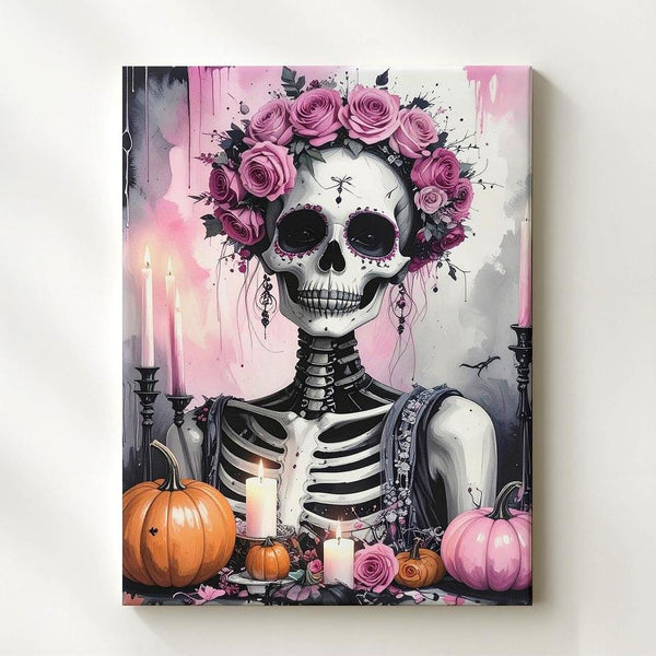 Floral Crowned Skeleton Canvas – Pink Roses & Día de los Muertos Elegance - Gifitto