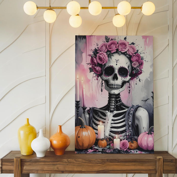 Floral Crowned Skeleton Canvas – Pink Roses & Día de los Muertos Elegance - Gifitto