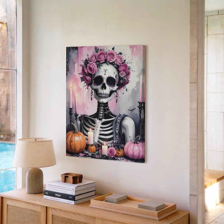 Floral Crowned Skeleton Canvas – Pink Roses & Día de los Muertos Elegance - Gifitto