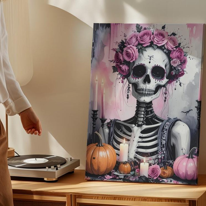 Floral Crowned Skeleton Canvas – Pink Roses & Día de los Muertos Elegance - Gifitto