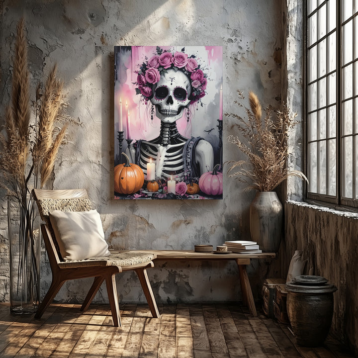 Floral Crowned Skeleton Canvas – Pink Roses & Día de los Muertos Elegance - Gifitto