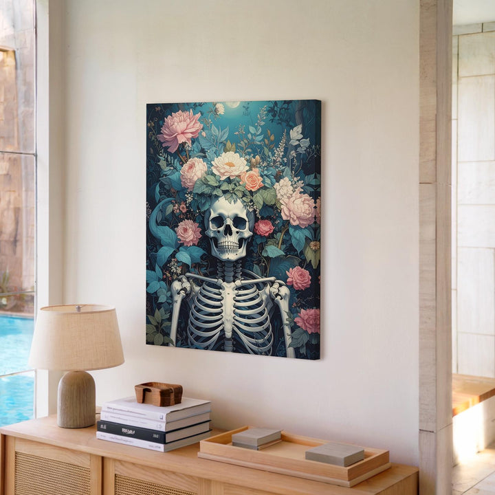 Botanical Skeleton Canvas – Romantic Floral Death & Rebirth Wall Art - Gifitto