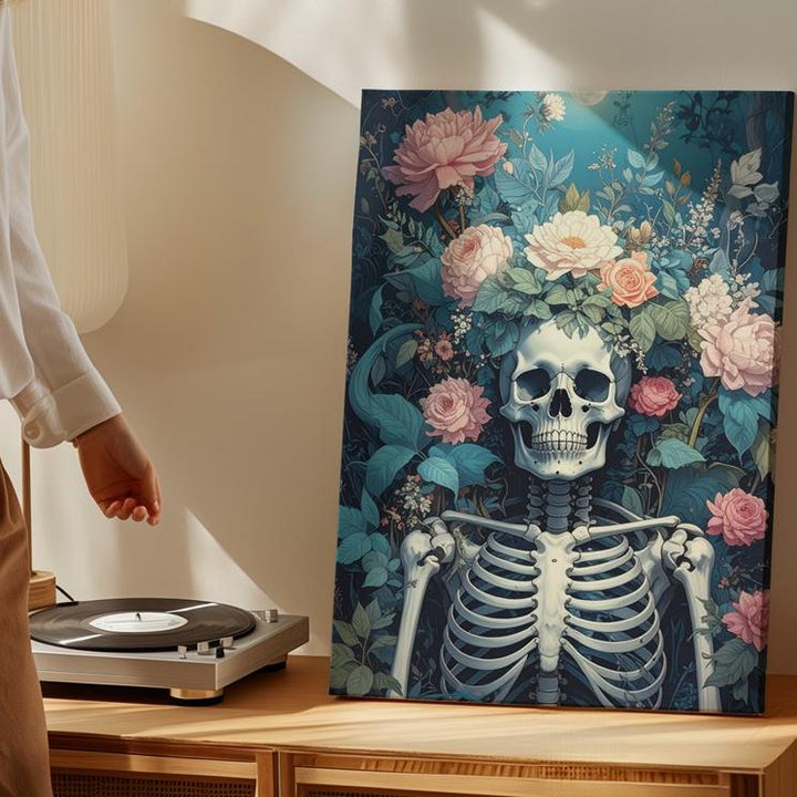 Botanical Skeleton Canvas – Romantic Floral Death & Rebirth Wall Art - Gifitto