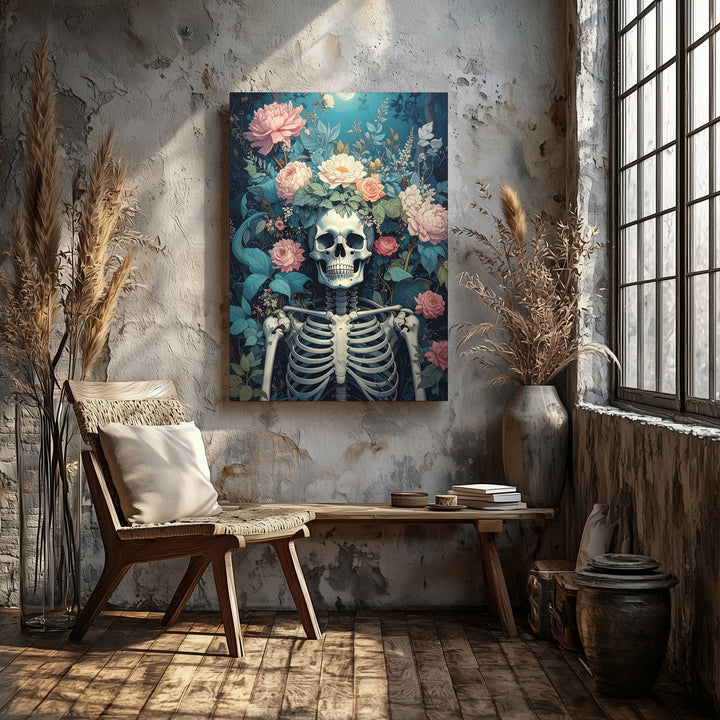 Botanical Skeleton Canvas – Romantic Floral Death & Rebirth Wall Art - Gifitto