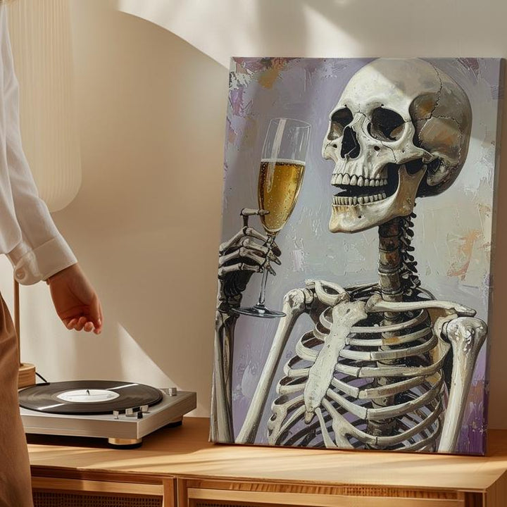 Toasting Skeleton Canvas – Joyful Halloween Celebration Art - Gifitto