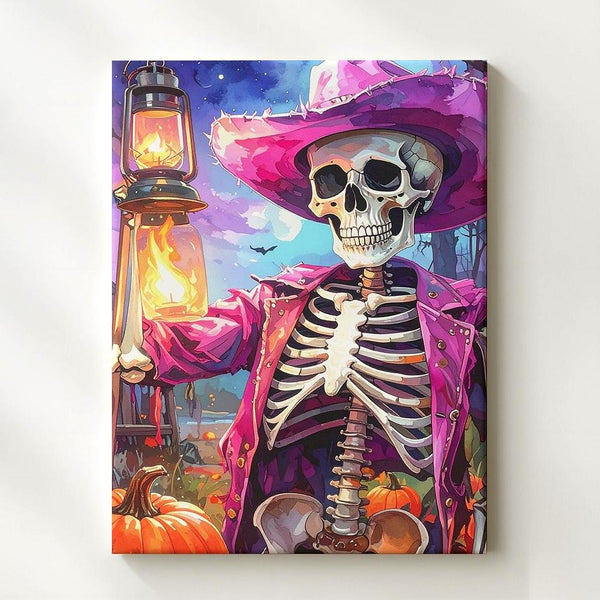 Fuchsia Cowboy Skeleton Canvas – Western Halloween Lantern Art - Gifitto