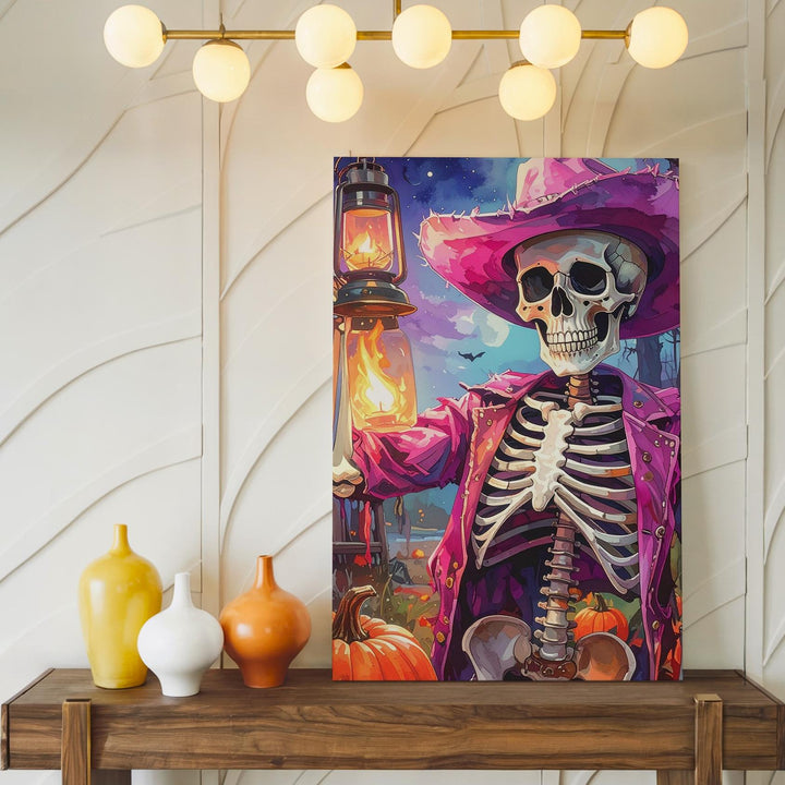 Fuchsia Cowboy Skeleton Canvas – Western Halloween Lantern Art - Gifitto