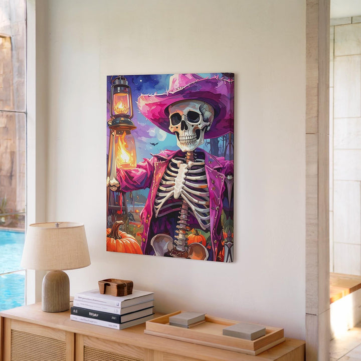 Fuchsia Cowboy Skeleton Canvas – Western Halloween Lantern Art - Gifitto