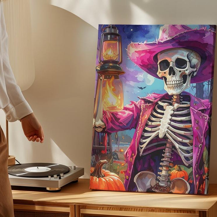 Fuchsia Cowboy Skeleton Canvas – Western Halloween Lantern Art - Gifitto