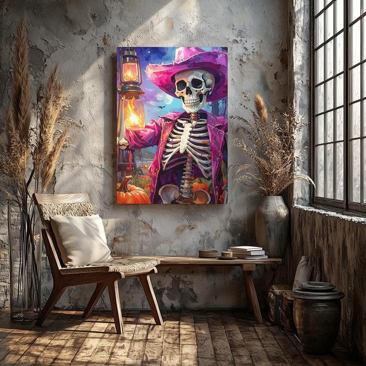 Fuchsia Cowboy Skeleton Canvas – Western Halloween Lantern Art - Gifitto