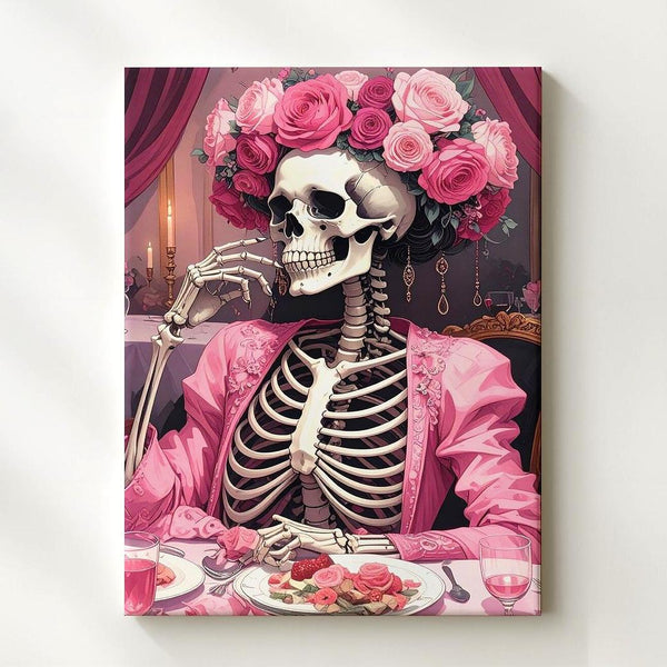 Regal Skeleton Dinner Canvas – Luxurious Pink Halloween Portrait with Floral Crown - Gifitto