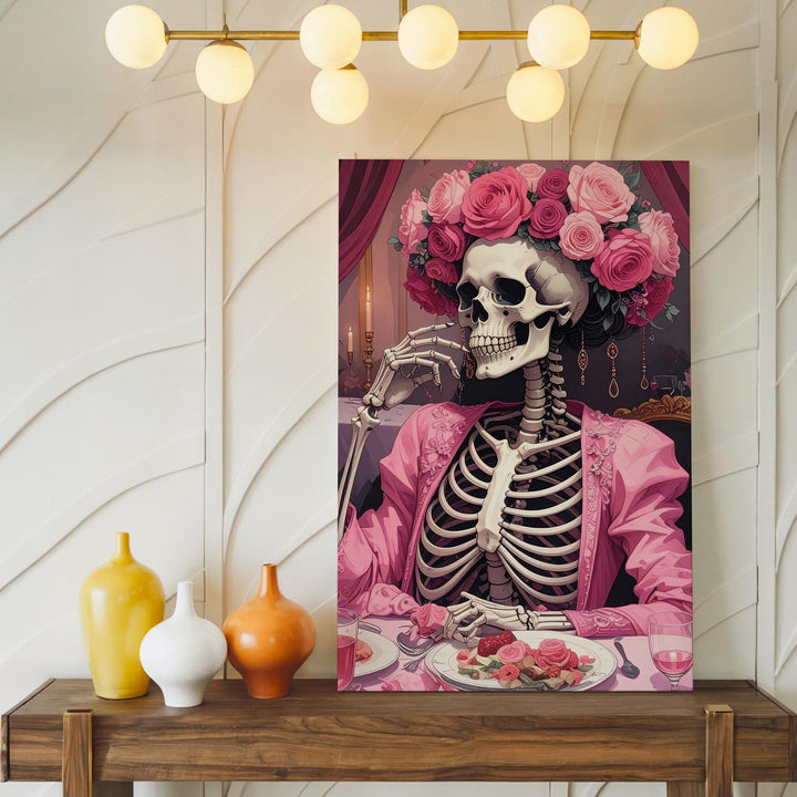 Regal Skeleton Dinner Canvas – Luxurious Pink Halloween Portrait with Floral Crown - Gifitto