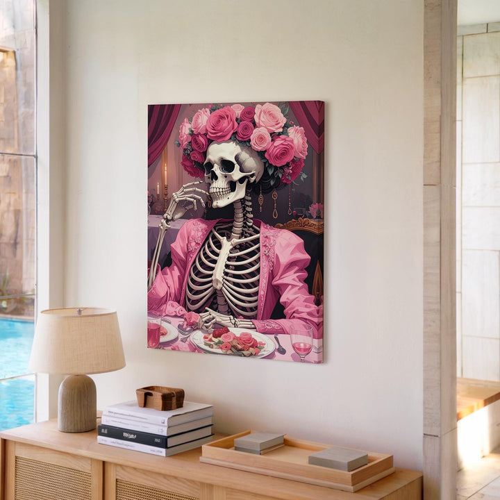 Regal Skeleton Dinner Canvas – Luxurious Pink Halloween Portrait with Floral Crown - Gifitto