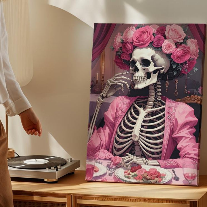 Regal Skeleton Dinner Canvas – Luxurious Pink Halloween Portrait with Floral Crown - Gifitto