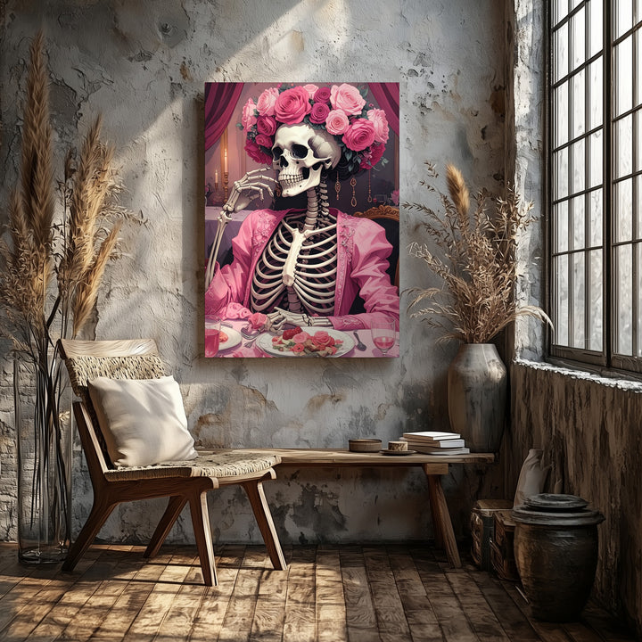 Regal Skeleton Dinner Canvas – Luxurious Pink Halloween Portrait with Floral Crown - Gifitto