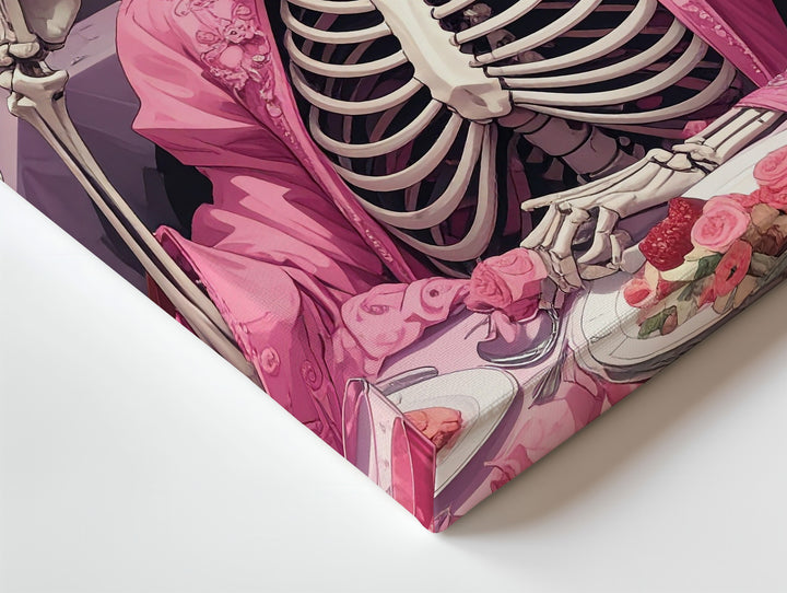 Regal Skeleton Dinner Canvas – Luxurious Pink Halloween Portrait with Floral Crown - Gifitto