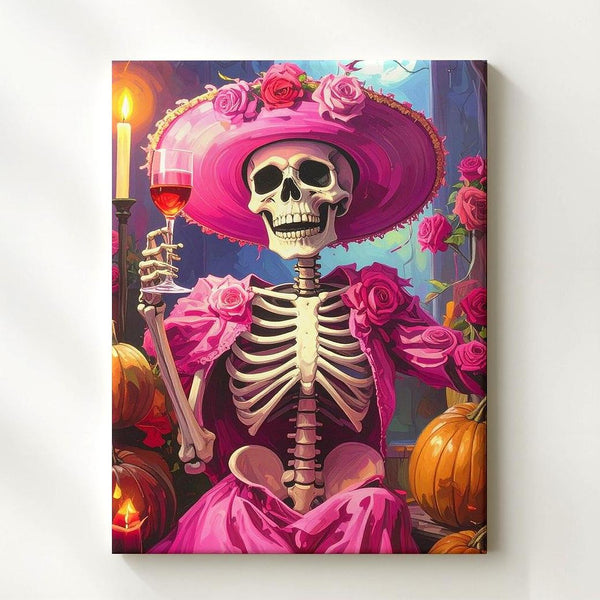 Skeleton in Pink Cocktail Dress Canvas – Candlelit Halloween Elegance with Roses - Gifitto