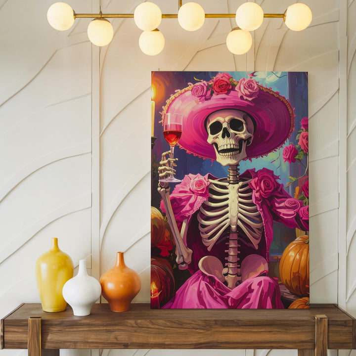 Skeleton in Pink Cocktail Dress Canvas – Candlelit Halloween Elegance with Roses - Gifitto