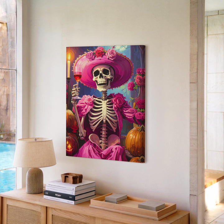 Skeleton in Pink Cocktail Dress Canvas – Candlelit Halloween Elegance with Roses - Gifitto