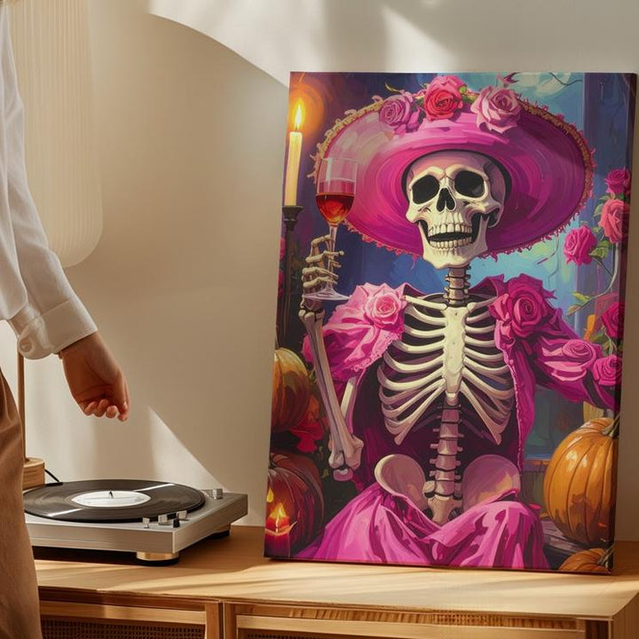 Skeleton in Pink Cocktail Dress Canvas – Candlelit Halloween Elegance with Roses - Gifitto