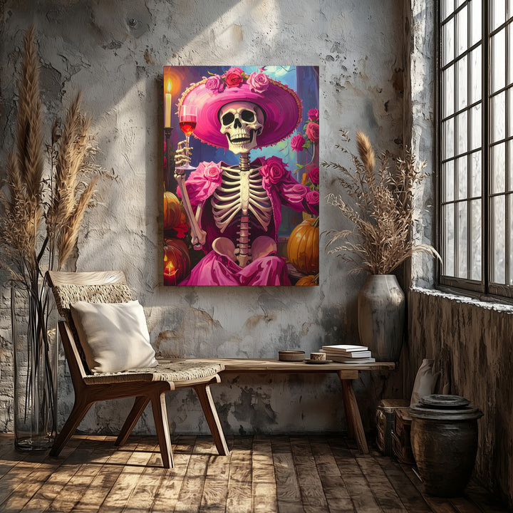 Skeleton in Pink Cocktail Dress Canvas – Candlelit Halloween Elegance with Roses - Gifitto