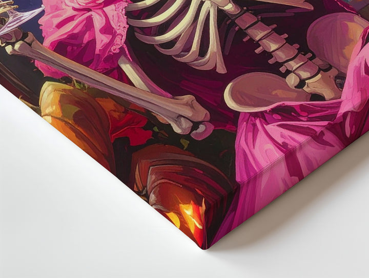 Skeleton in Pink Cocktail Dress Canvas – Candlelit Halloween Elegance with Roses - Gifitto