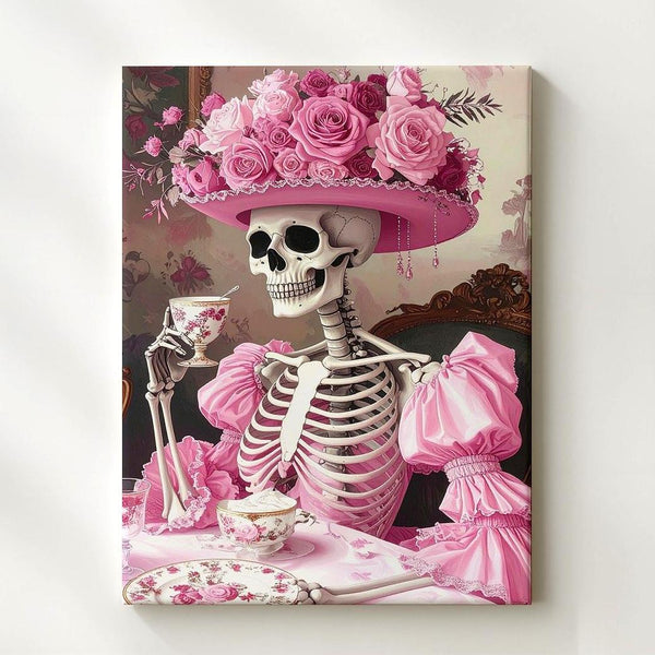 Skeleton Tea Party Canvas – Pink Ruffled Gown & Rose Hat Halloween Art - Gifitto
