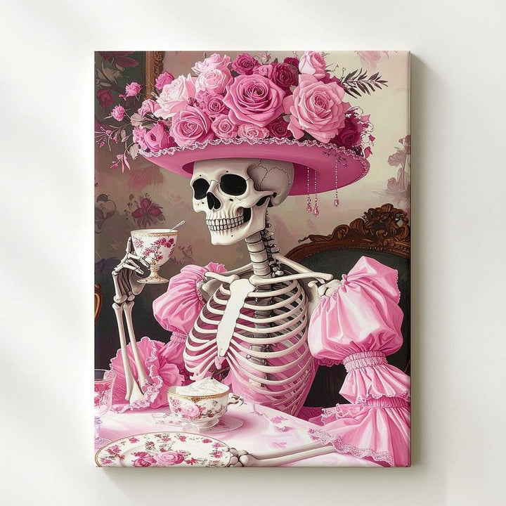 Skeleton Tea Party Canvas – Pink Ruffled Gown & Rose Hat Halloween Art - Gifitto
