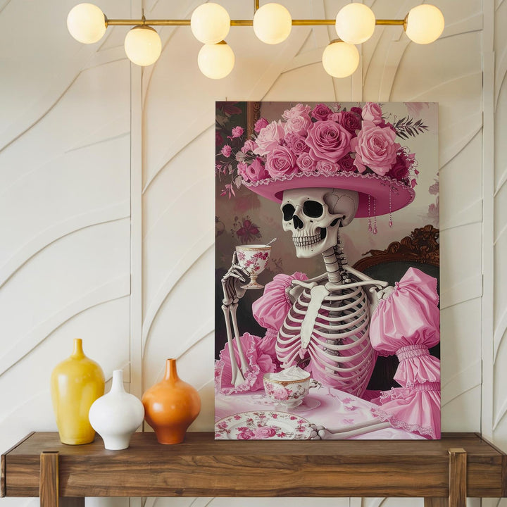 Skeleton Tea Party Canvas – Pink Ruffled Gown & Rose Hat Halloween Art - Gifitto