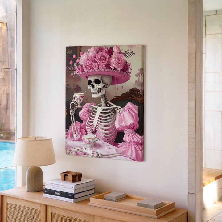 Skeleton Tea Party Canvas – Pink Ruffled Gown & Rose Hat Halloween Art - Gifitto