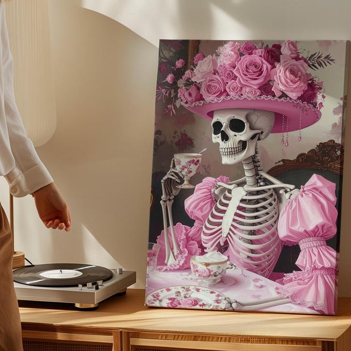 Skeleton Tea Party Canvas – Pink Ruffled Gown & Rose Hat Halloween Art - Gifitto
