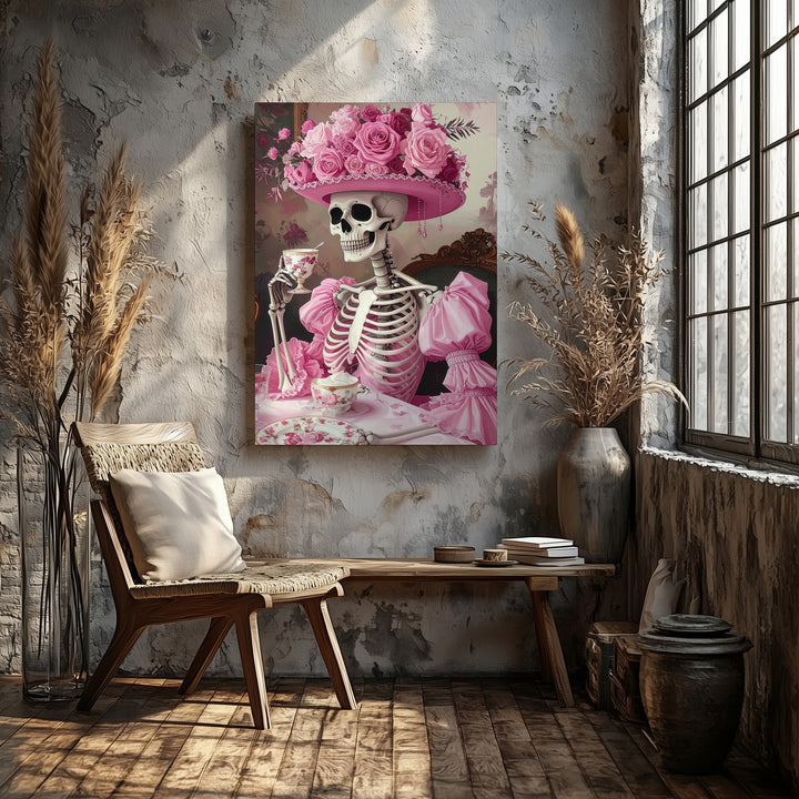 Skeleton Tea Party Canvas – Pink Ruffled Gown & Rose Hat Halloween Art - Gifitto