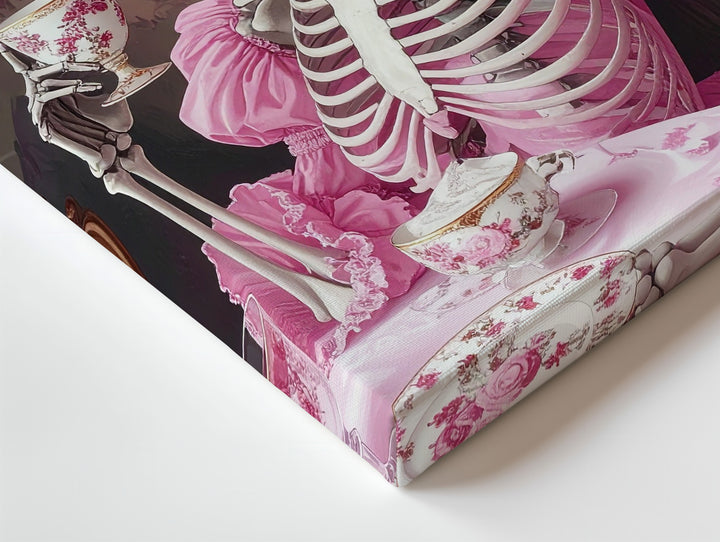 Skeleton Tea Party Canvas – Pink Ruffled Gown & Rose Hat Halloween Art - Gifitto