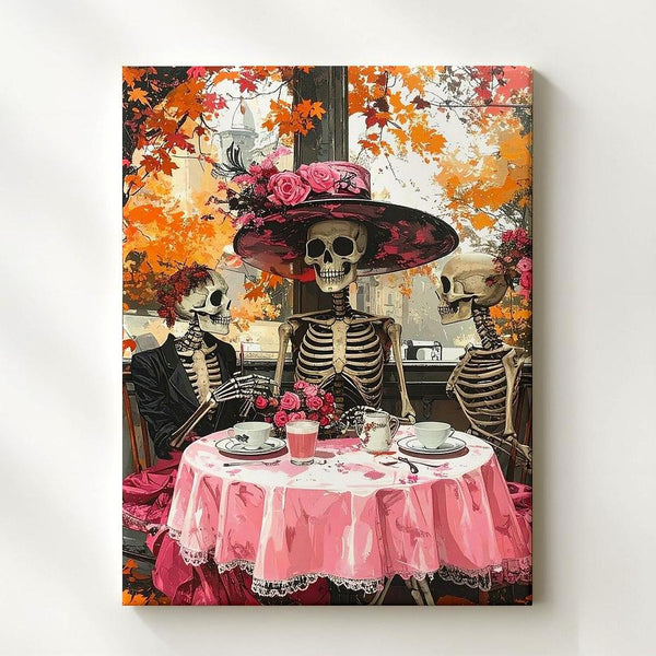 Skeleton Brunch Canvas – Autumn Pink Café Halloween Art with Elegant Hat - Gifitto