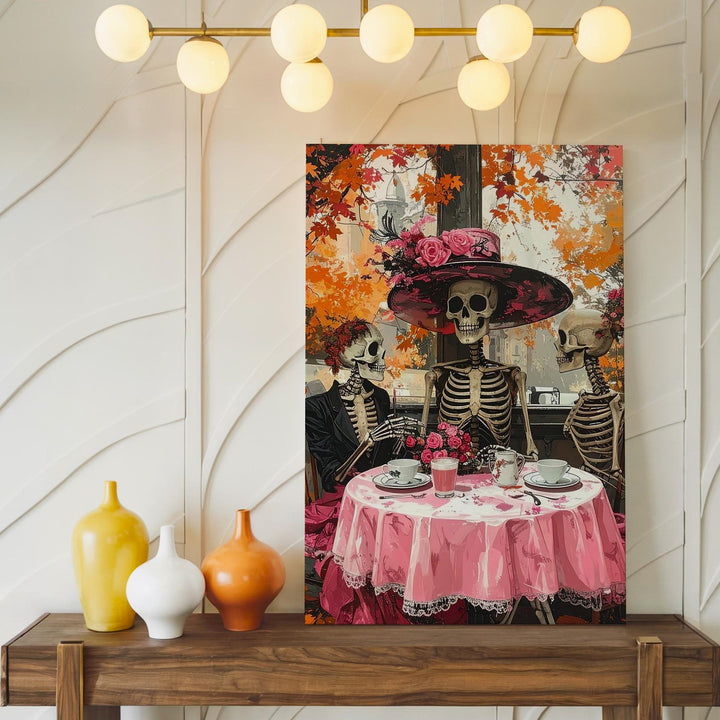 Skeleton Brunch Canvas – Autumn Pink Café Halloween Art with Elegant Hat - Gifitto