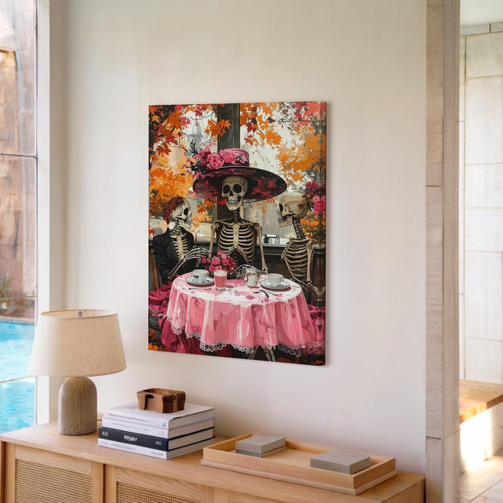 Skeleton Brunch Canvas – Autumn Pink Café Halloween Art with Elegant Hat - Gifitto