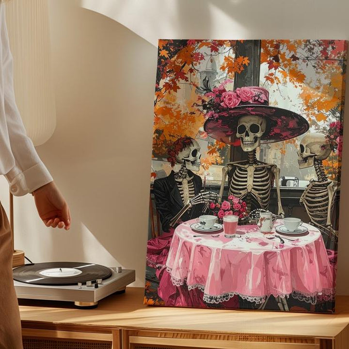 Skeleton Brunch Canvas – Autumn Pink Café Halloween Art with Elegant Hat - Gifitto