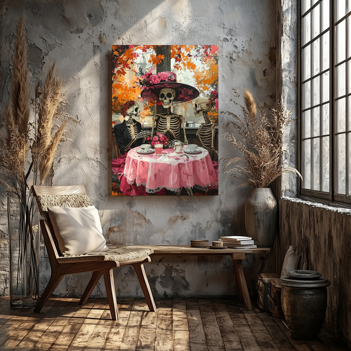 Skeleton Brunch Canvas – Autumn Pink Café Halloween Art with Elegant Hat - Gifitto