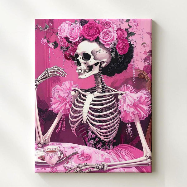 Victorian Skeleton Tea Canvas – Crowned Rose Halloween Art in Rich Pink Tones - Gifitto