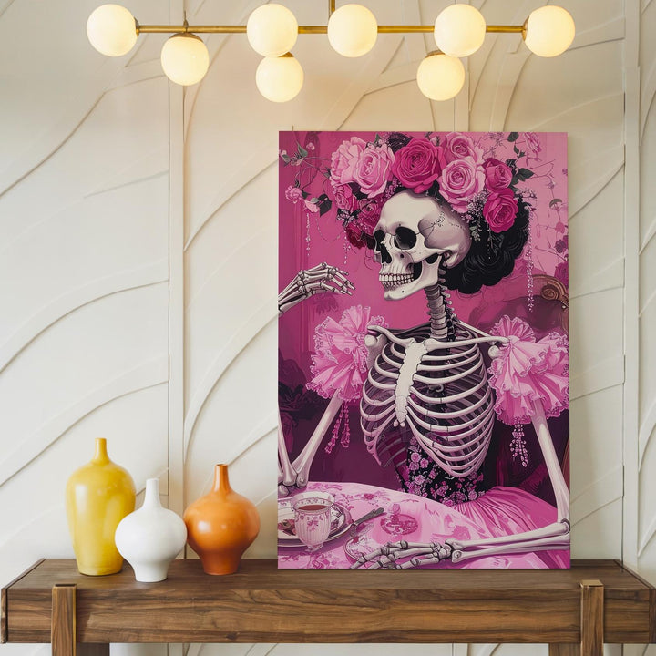 Victorian Skeleton Tea Canvas – Crowned Rose Halloween Art in Rich Pink Tones - Gifitto