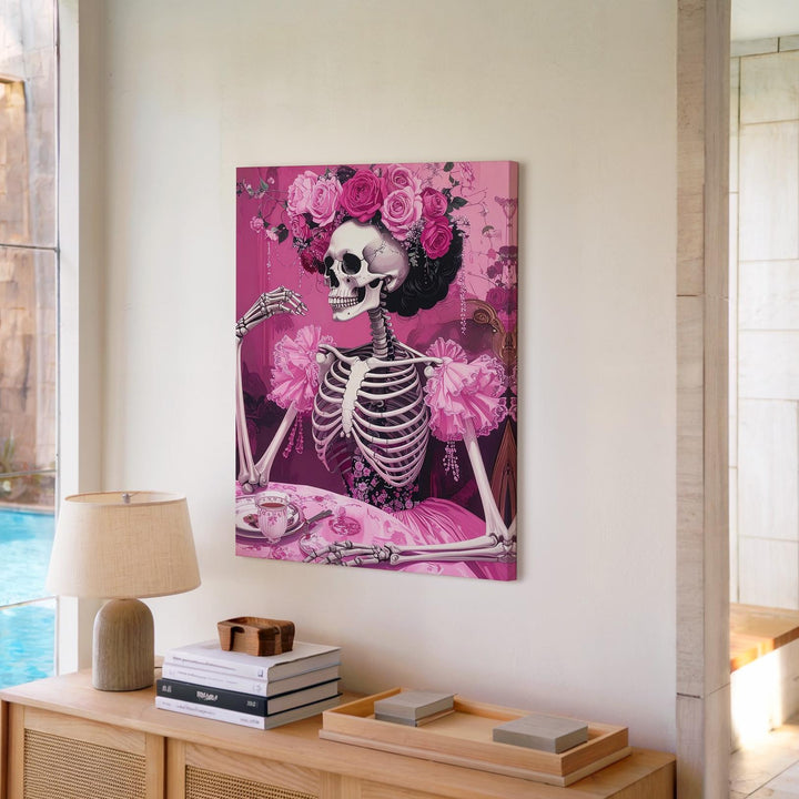 Victorian Skeleton Tea Canvas – Crowned Rose Halloween Art in Rich Pink Tones - Gifitto