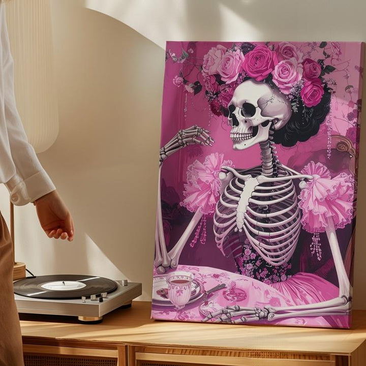 Victorian Skeleton Tea Canvas – Crowned Rose Halloween Art in Rich Pink Tones - Gifitto