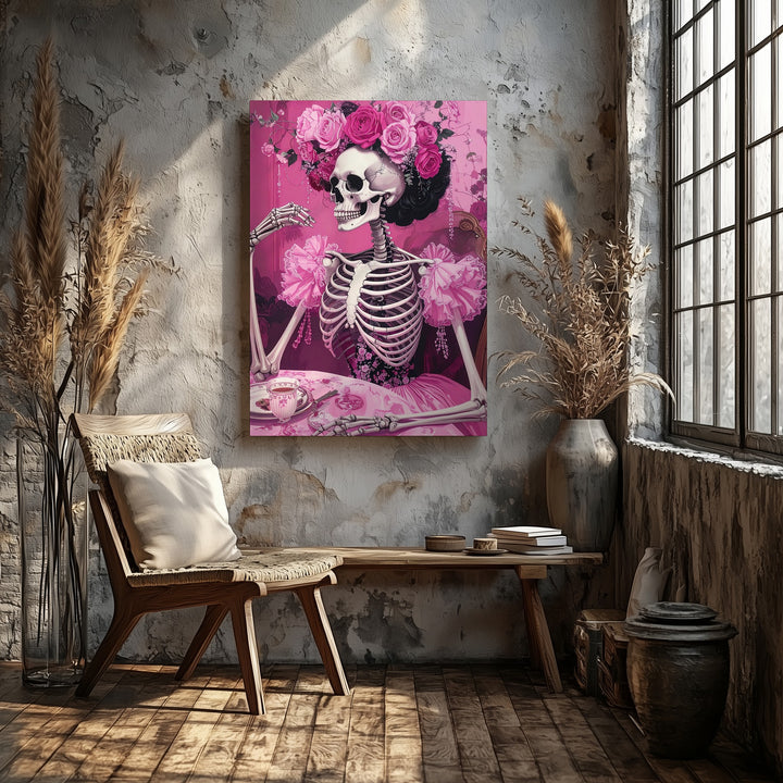 Victorian Skeleton Tea Canvas – Crowned Rose Halloween Art in Rich Pink Tones - Gifitto