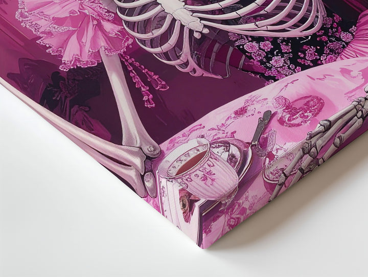Victorian Skeleton Tea Canvas – Crowned Rose Halloween Art in Rich Pink Tones - Gifitto