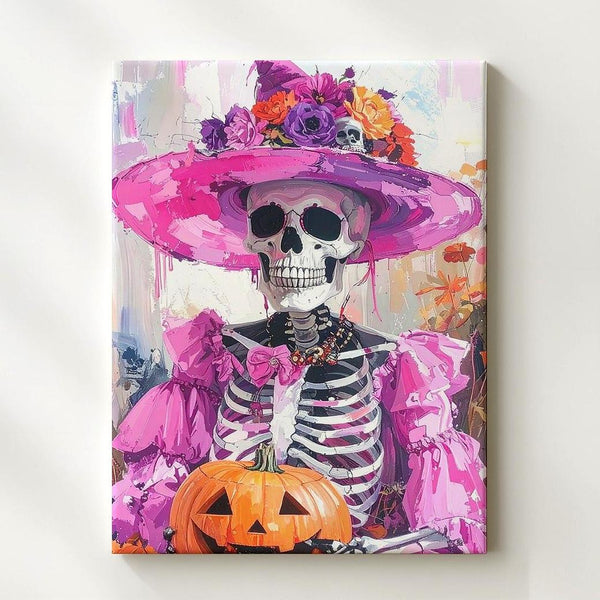 Flamboyant Skeleton Canvas – Pink Hat & Día de los Muertos Celebration Art - Gifitto