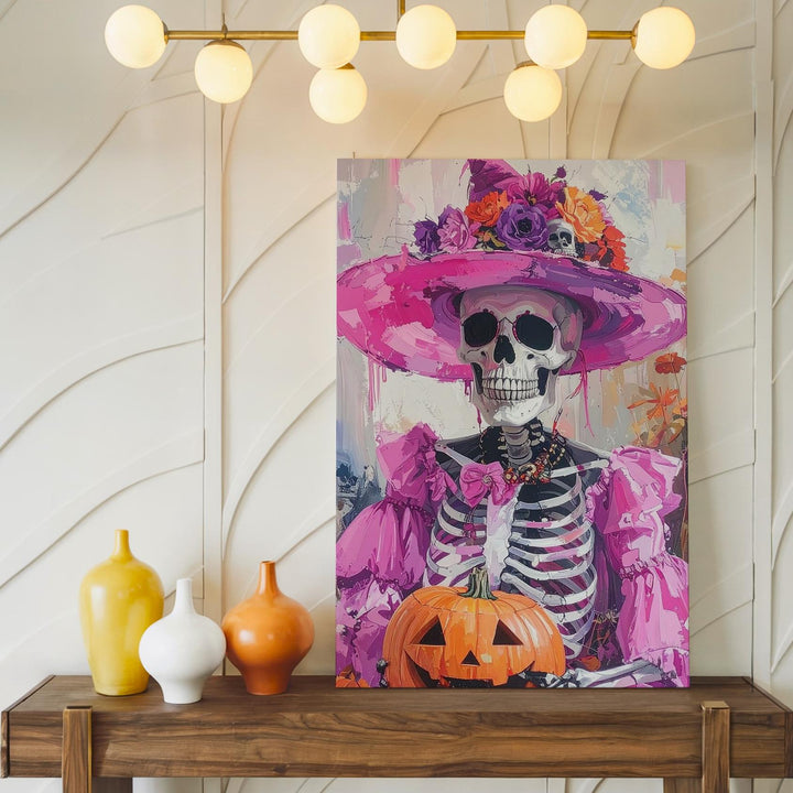 Flamboyant Skeleton Canvas – Pink Hat & Día de los Muertos Celebration Art - Gifitto