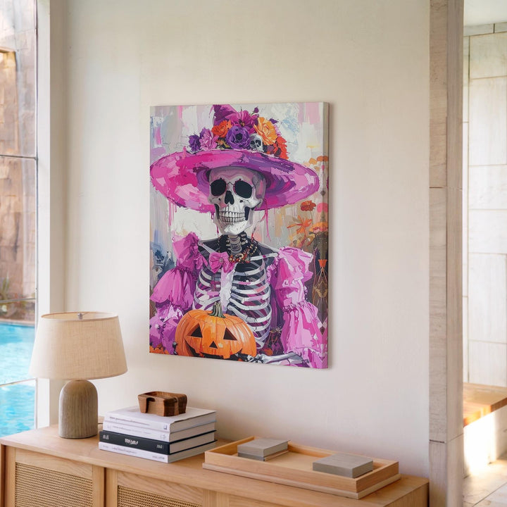 Flamboyant Skeleton Canvas – Pink Hat & Día de los Muertos Celebration Art - Gifitto