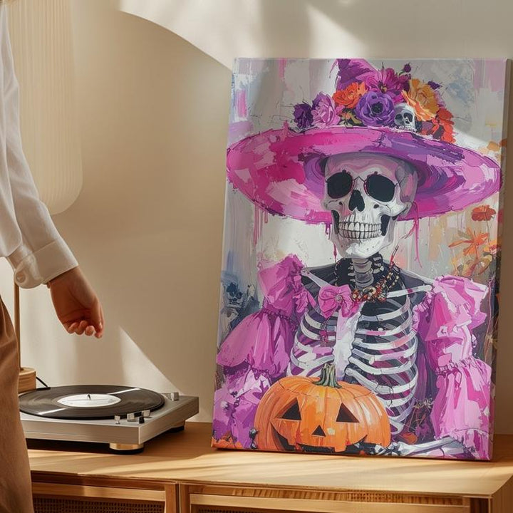 Flamboyant Skeleton Canvas – Pink Hat & Día de los Muertos Celebration Art - Gifitto