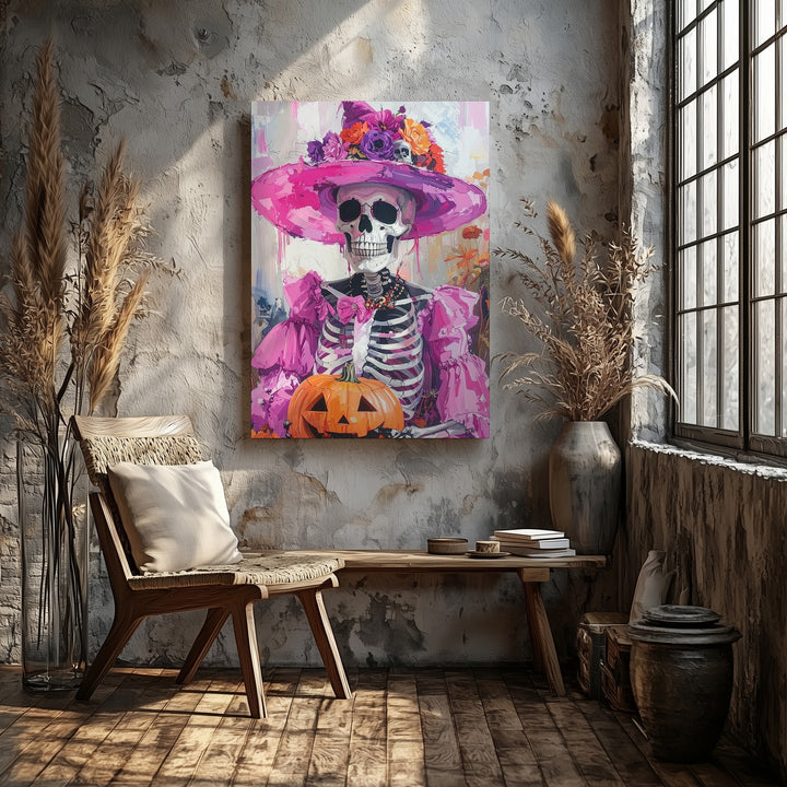 Flamboyant Skeleton Canvas – Pink Hat & Día de los Muertos Celebration Art - Gifitto