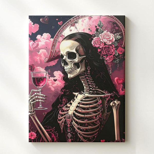 Skeleton Mona Lisa with Pink Clouds Canvas – Classic Halloween Art Remix - Gifitto